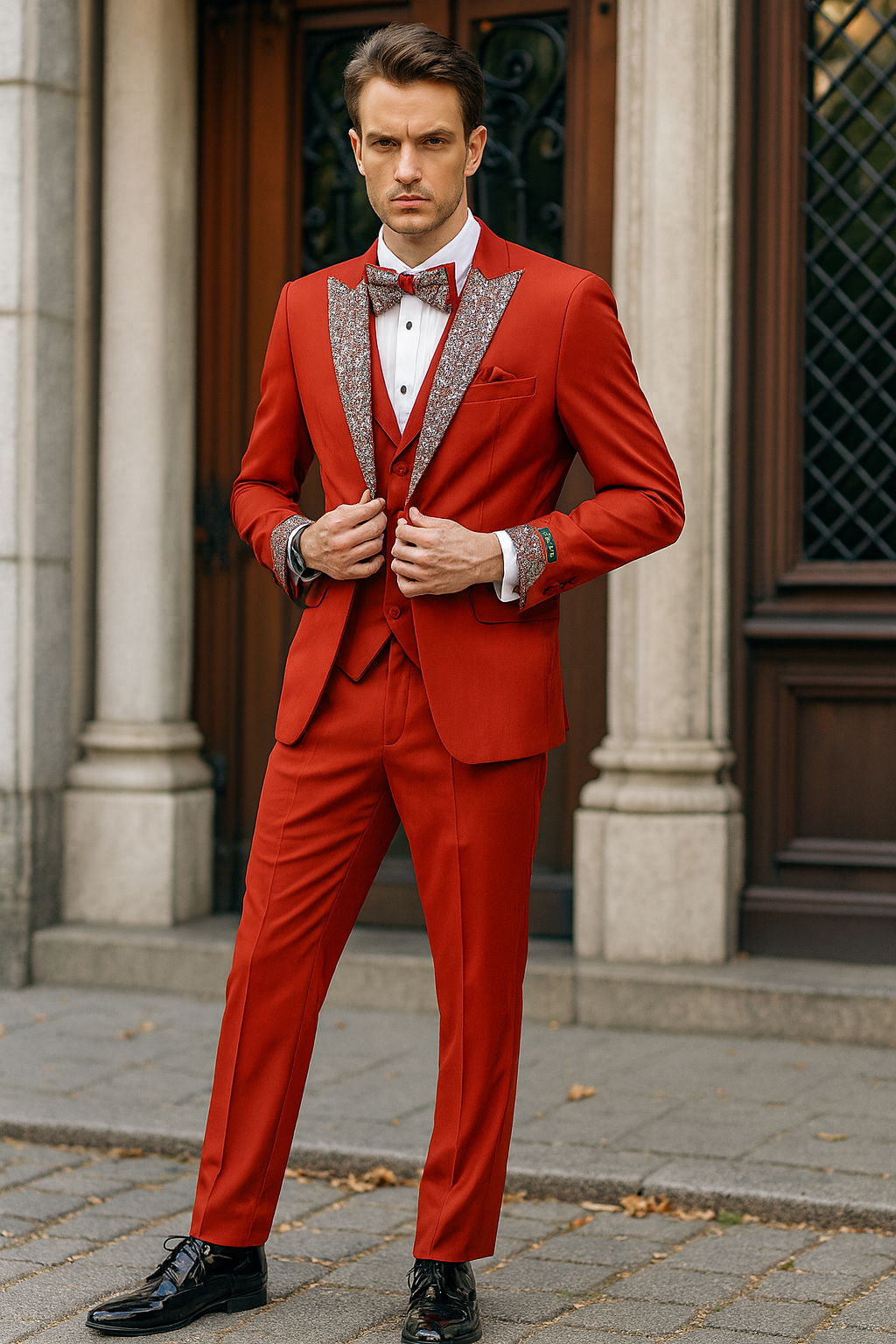 Red & White Sequin Lapel Three-Piece Tuxedo