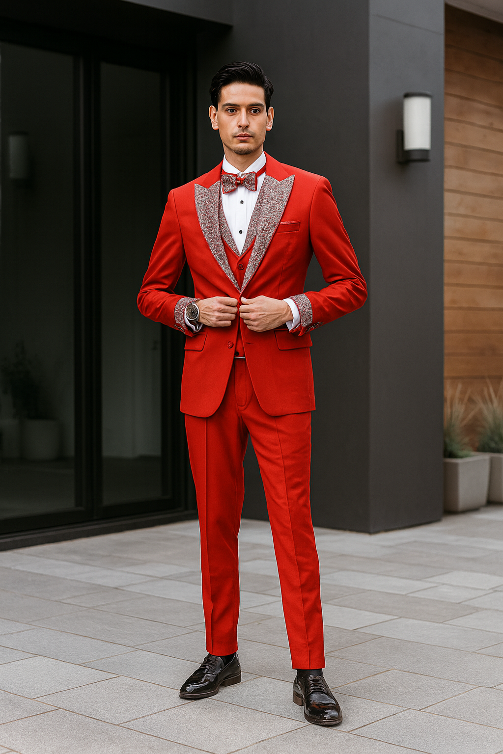 Red & White Sequin Lapel Three-Piece Tuxedo