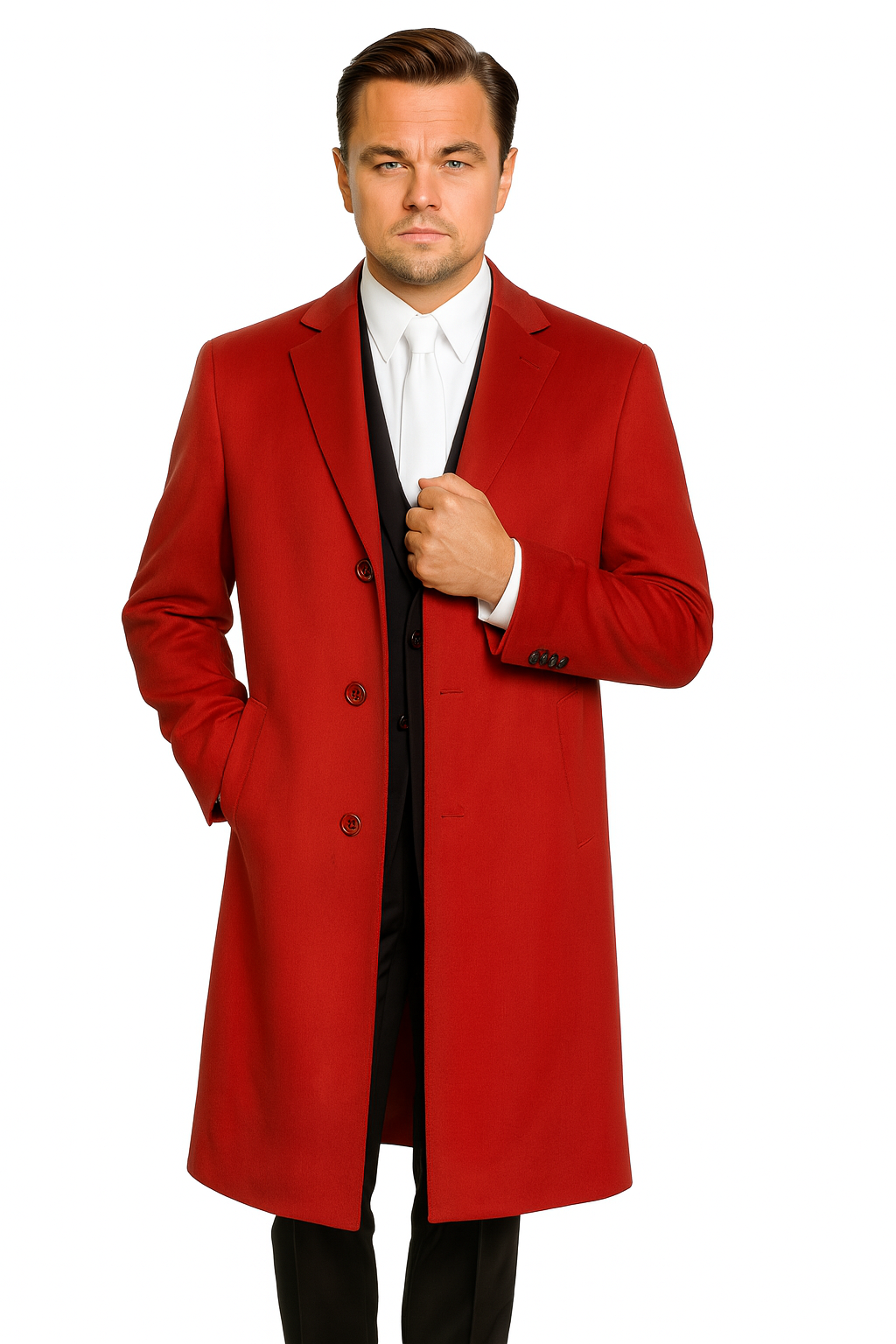 Three-Button Red Wool Dress Overcoat