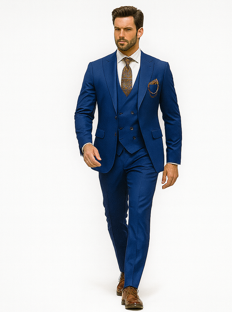 Men’s Royal Blue 3-Piece Suit with Vest and Chain