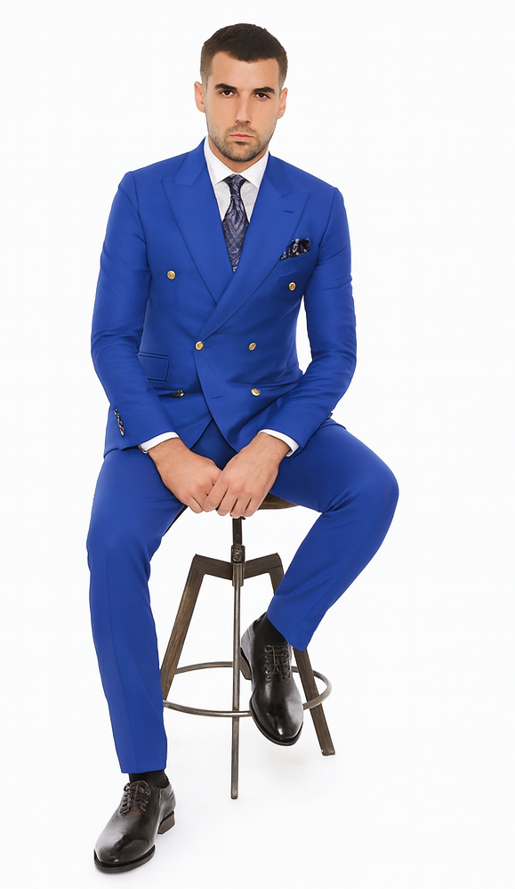 Mens Royal Blue Double Breasted Suit - 100% Suit