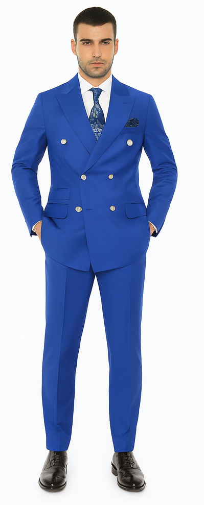 Mens Royal Blue Double Breasted Suit - 100% Suit