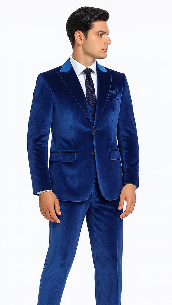 Royal Blue Velvet Peak Lapel Skinny Suit by Tazzio