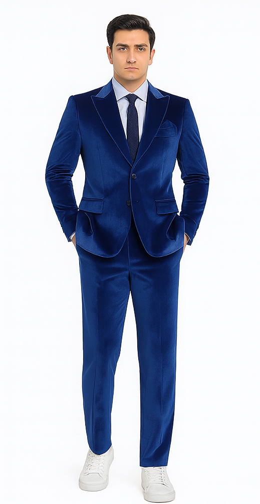 Royal Blue Velvet Peak Lapel Skinny Suit by Tazzio