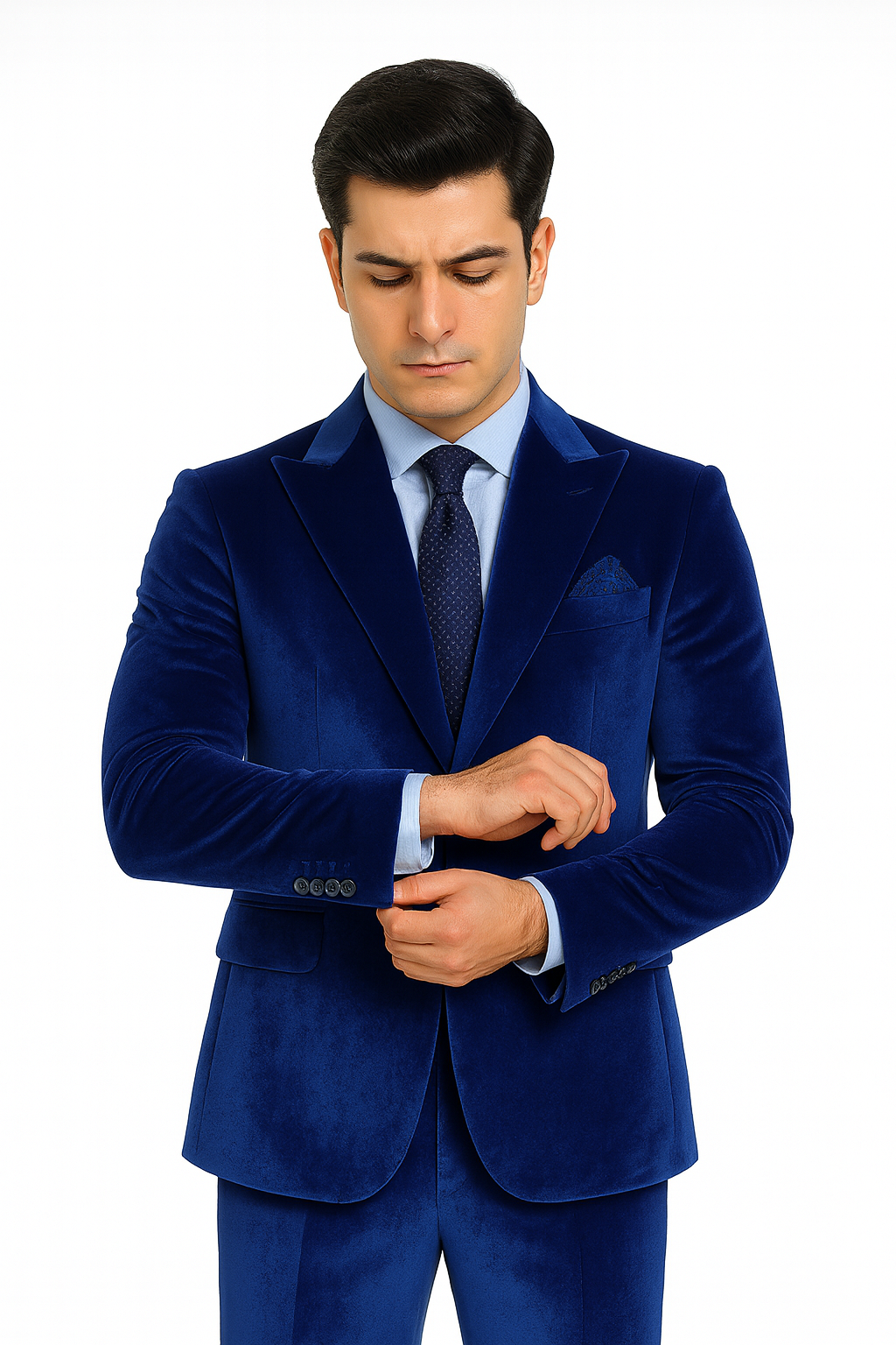 Royal Blue Velvet Peak Lapel Skinny Suit by Tazzio