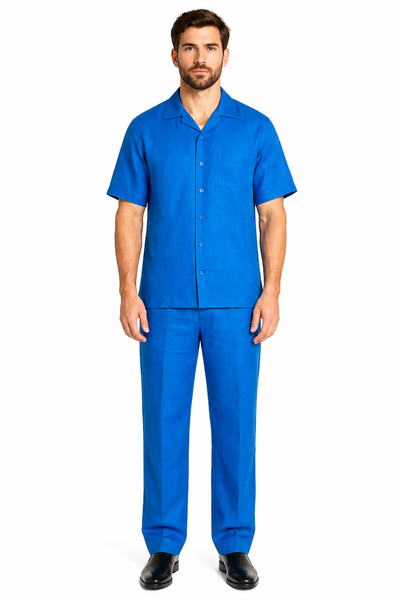 Men's Short Sleeve 2 Piece Casual Two Piece Mens Walking Outfit For Sale Pant Sets Set With Long Pants 100% Linen Royal Shirt