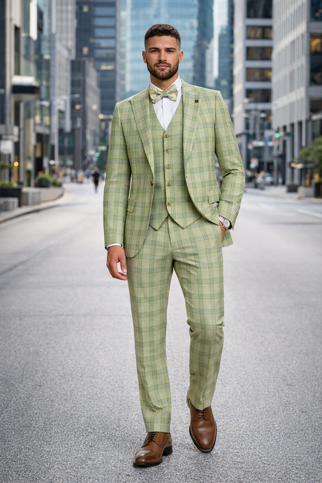 Stacy Adams Plaid Suit with Paisley Vest & Bow Tie