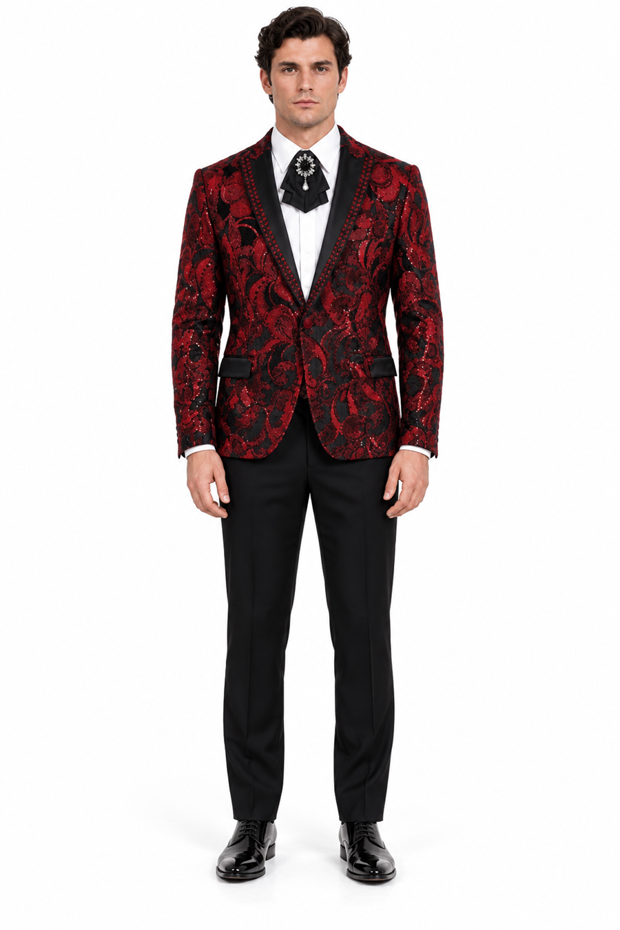 Mens Sequin Christmas Holiday Blazer – Luxury Party Jacket for New Year Jacket Sparkly Dinner Jacket in color "Ruby Red & Black Geometric"