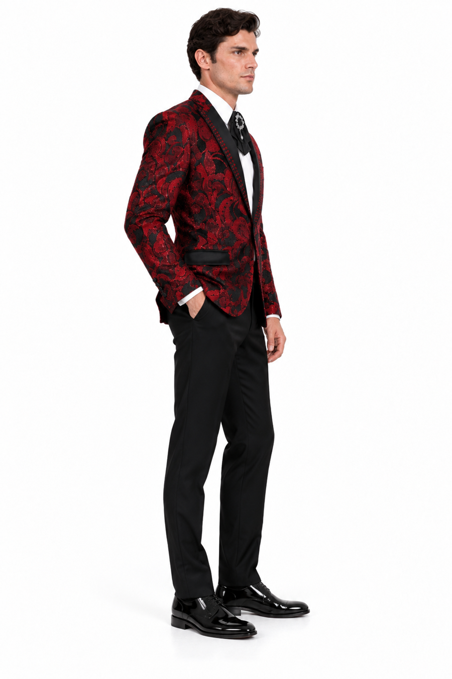 Mens Sequin Christmas Holiday Blazer – Luxury Party Jacket for New Year Jacket Sparkly Dinner Jacket in color "Ruby Red & Black Geometric"