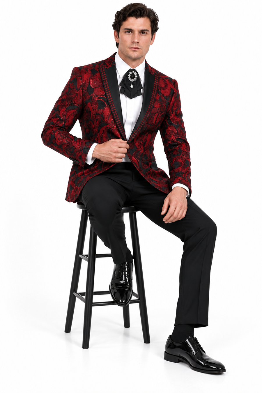Mens Sequin Christmas Holiday Blazer – Luxury Party Jacket for New Year Jacket Sparkly Dinner Jacket in color "Ruby Red & Black Geometric"