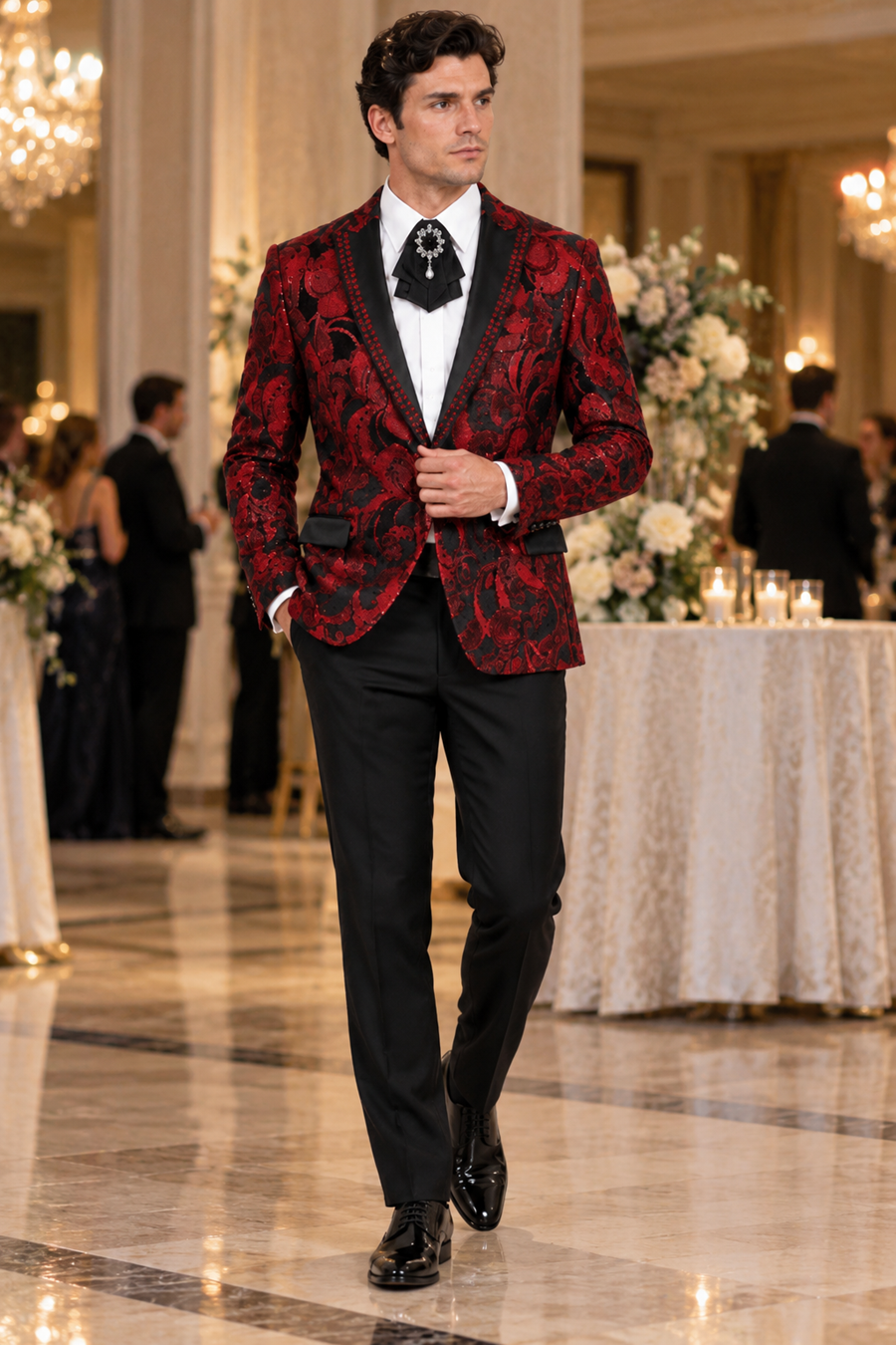 Mens Sequin Christmas Holiday Blazer – Luxury Party Jacket for New Year Jacket Sparkly Dinner Jacket in color "Ruby Red & Black Geometric"