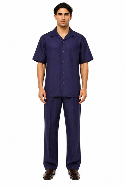 Men's Linen Short Sleeve Walking Suit - Navy