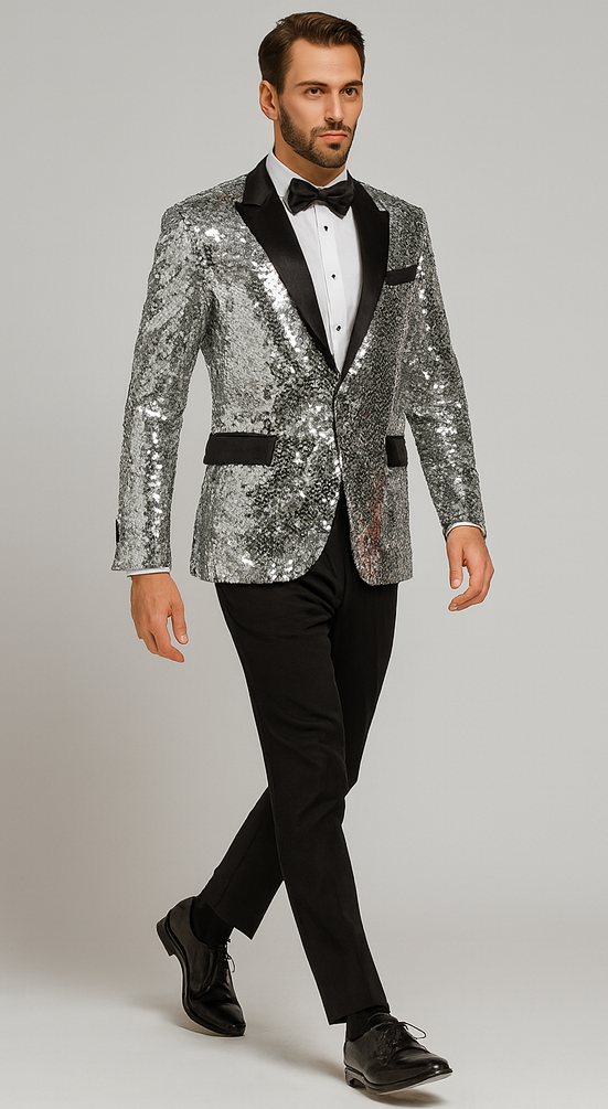 Silver Sequin Tuxedo Jacket with Satin Lapel