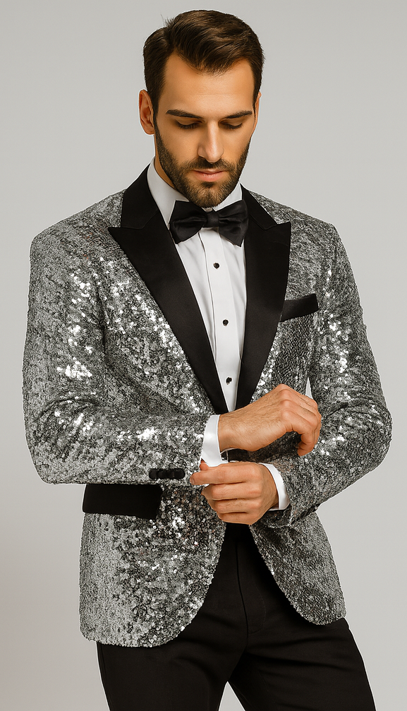 Silver Sequin Tuxedo Jacket with Satin Lapel