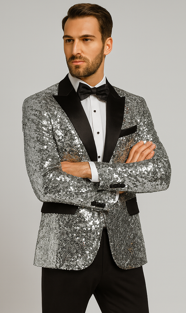 Silver Sequin Tuxedo Jacket with Satin Lapel