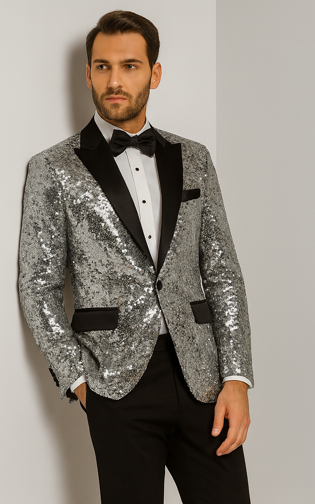 Silver Sequin Tuxedo Jacket with Satin Lapel
