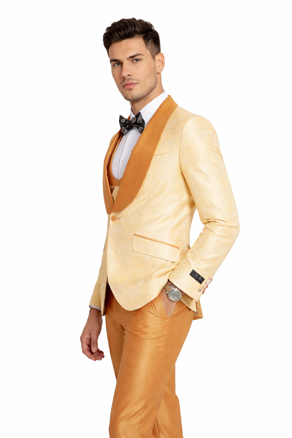 Mens Slim Fit Vested Wedding Prom Shawl Lapel Paisley Tuxedo in Gold