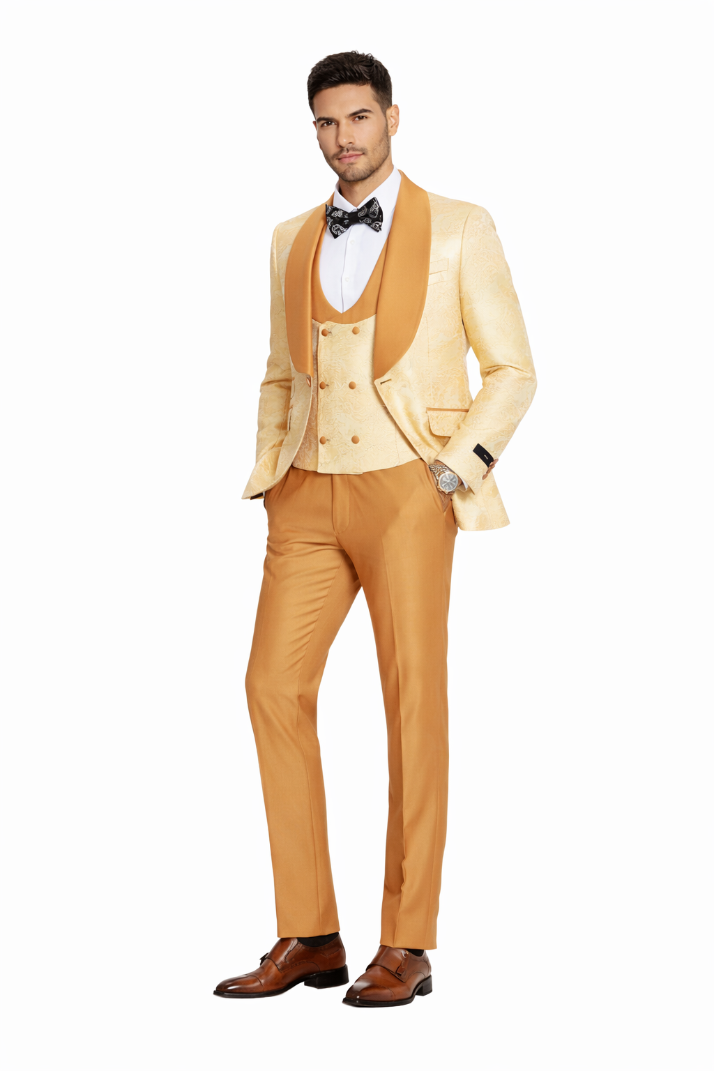 Mens Slim Fit Vested Wedding Prom Shawl Lapel Paisley Tuxedo in Gold