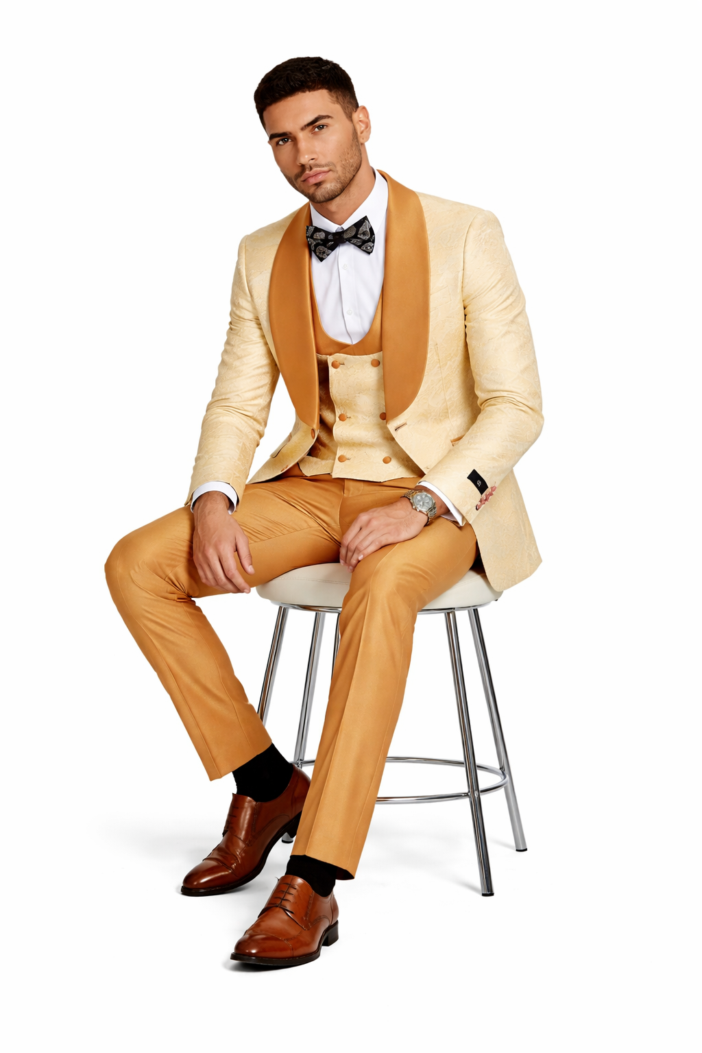 Mens Slim Fit Vested Wedding Prom Shawl Lapel Paisley Tuxedo in Gold