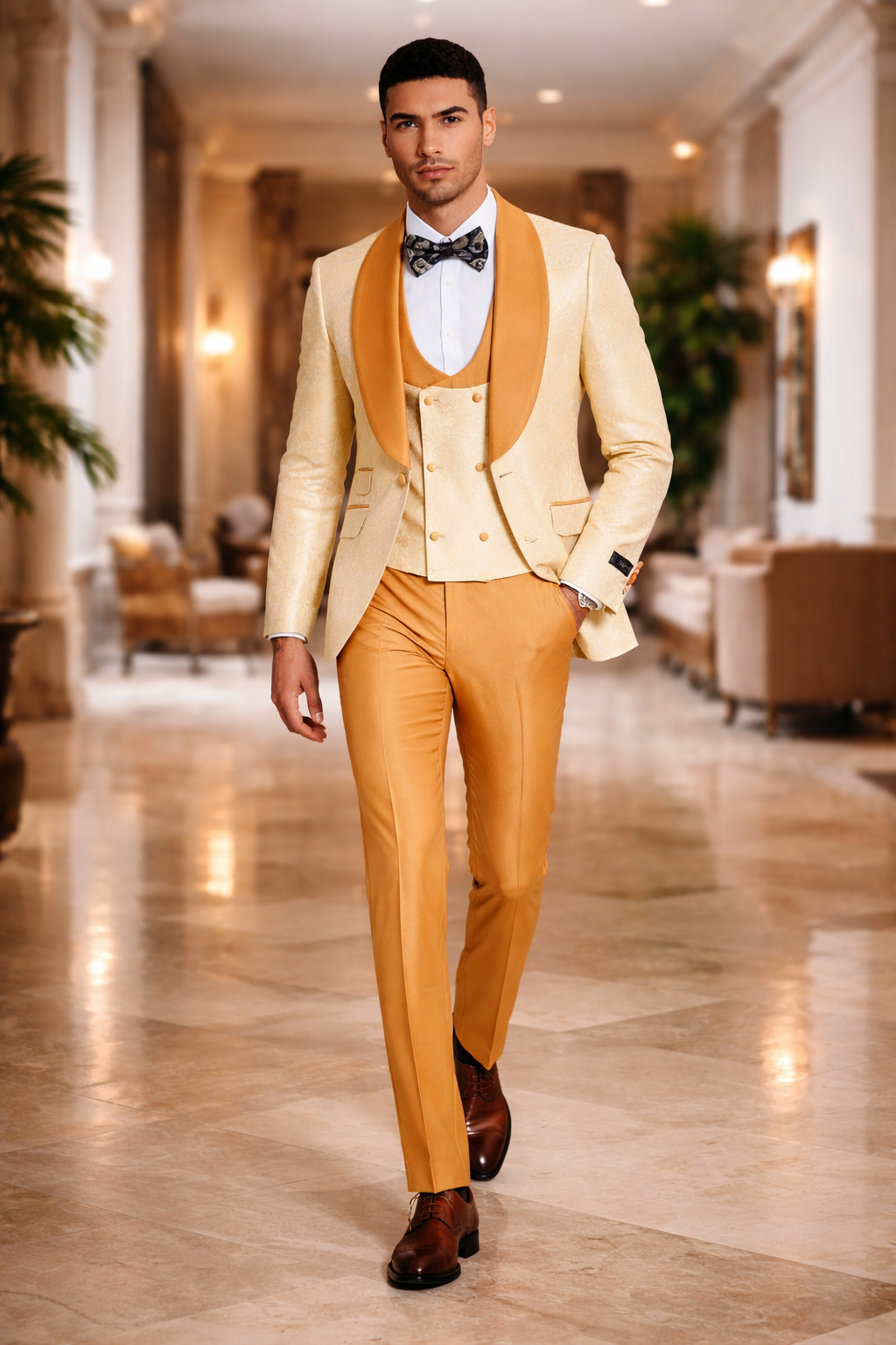 Mens Slim Fit Vested Wedding Prom Shawl Lapel Paisley Tuxedo in Gold