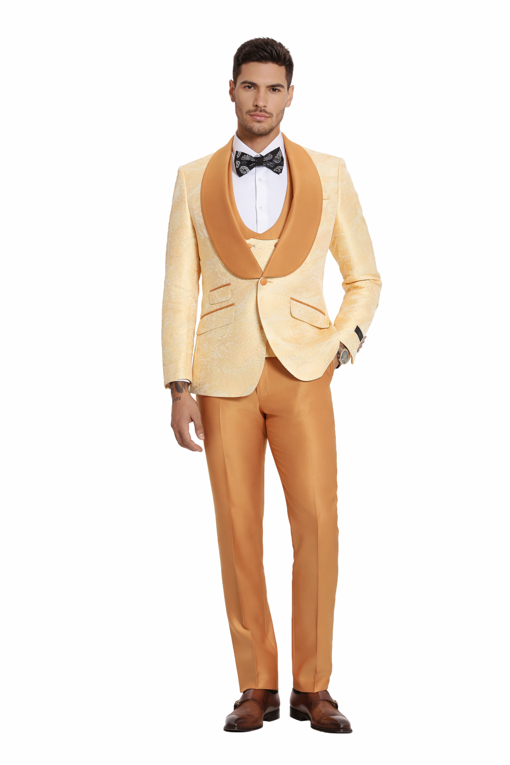 Mens Slim Fit Vested Wedding Prom Shawl Lapel Paisley Tuxedo in Gold