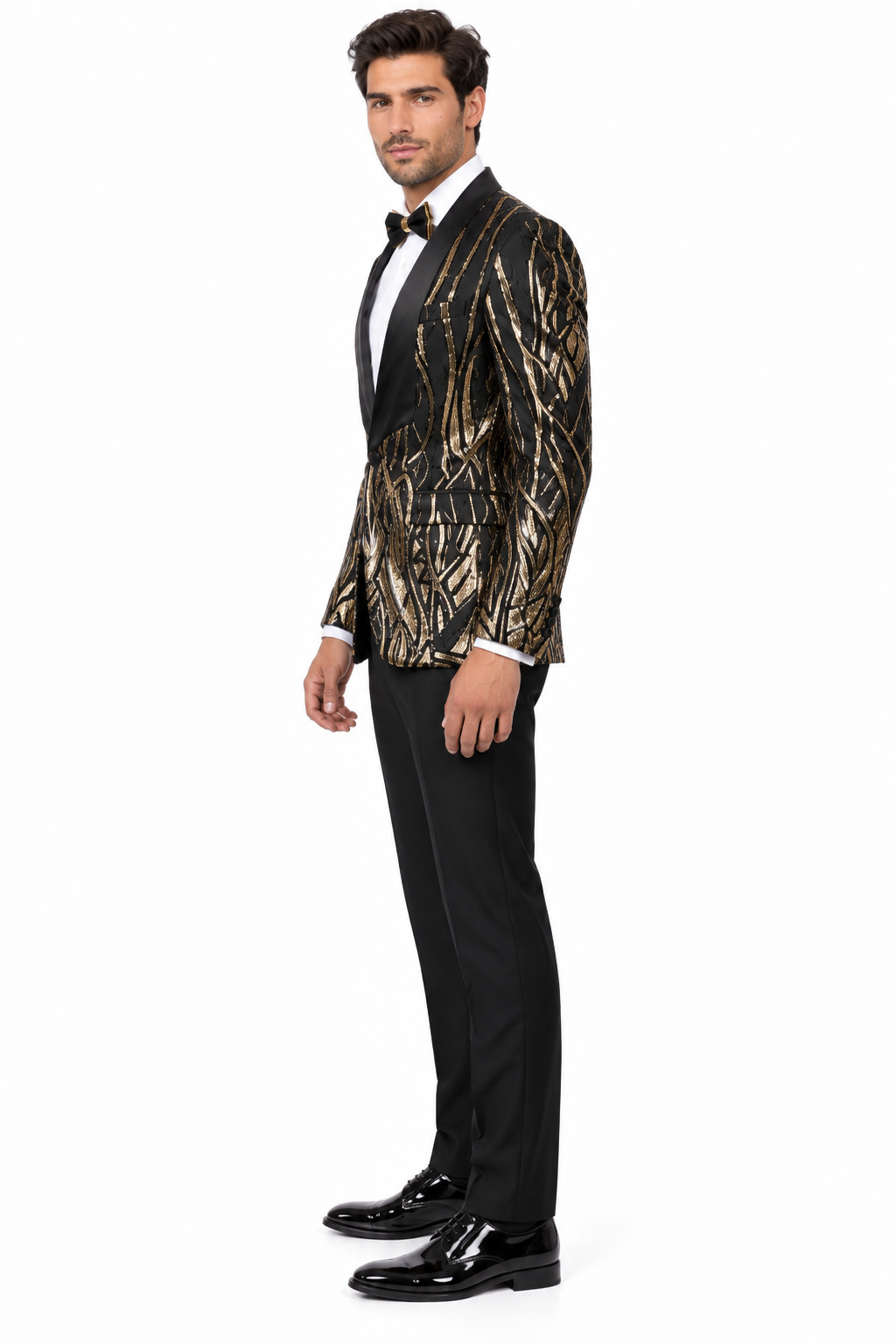 Black & Gold Sequin Shawl Lapel Tuxedo Jacket