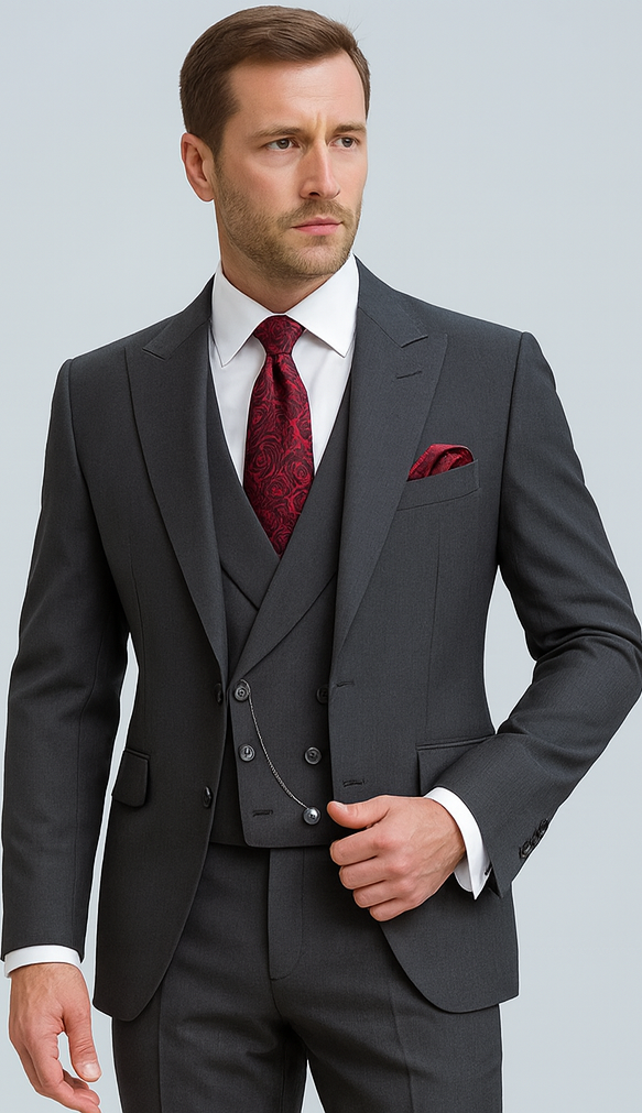 Mens Suits With Double Breasted Vest 100% - Big Peak Lapel Tom Ford Style!