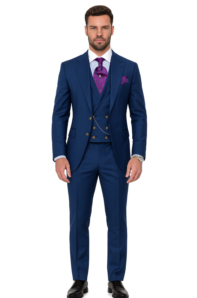 Mens Suits With Double Breasted Vest - Single Button Peak Lapel Royal Blue Suits