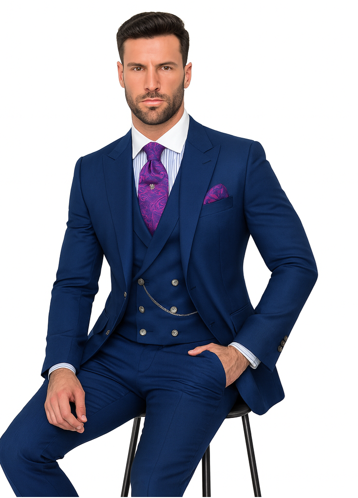 Mens Suits With Double Breasted Vest - Single Button Peak Lapel Royal Blue Suits