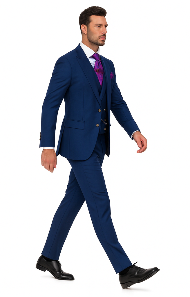 Mens Suits With Double Breasted Vest - Single Button Peak Lapel Royal Blue Suits