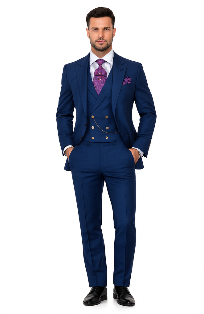 Mens Suits With Double Breasted Vest - Single Button Peak Lapel Royal Blue Suits