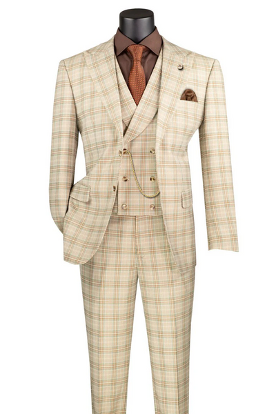 Marc Darcy Wedding Suits Men's Summer Windowpane Plaid Suit with Double Breasted Vest in Khaki Tan