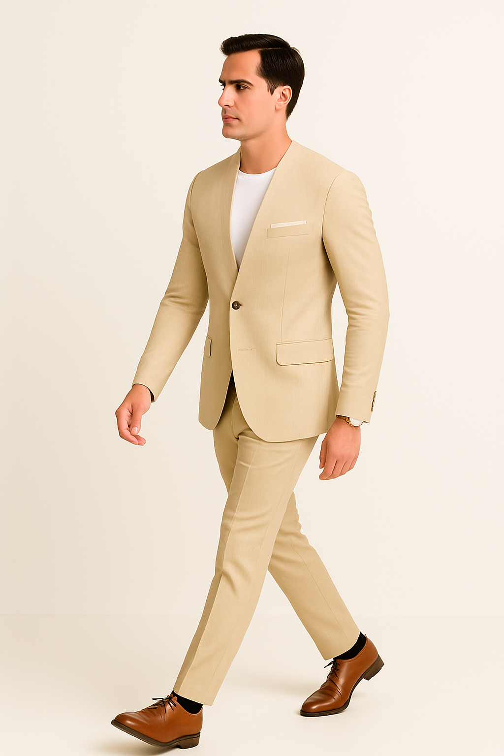 Tan Linen Collarless Suit for Summer