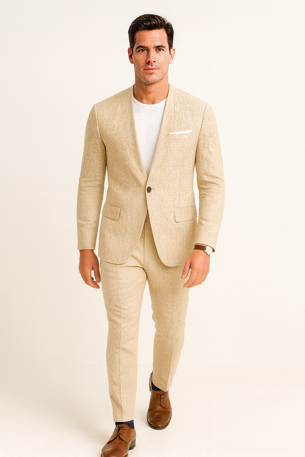 Tan Linen Collarless Suit for Summer