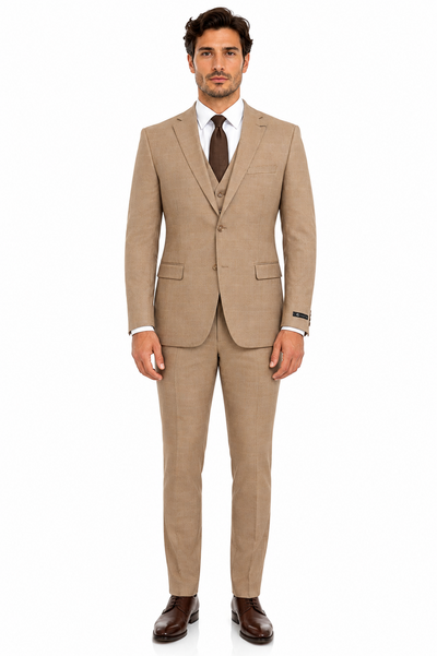 Men’s Tan Plaid 3-Piece Tailored Fit Suit with Vest