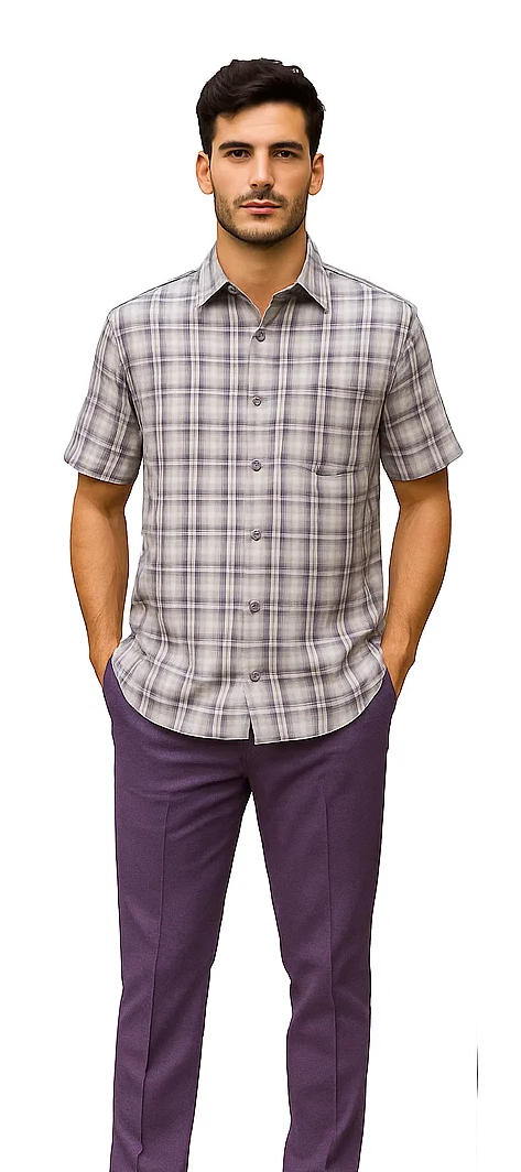 Mens Textured Plaid Walking Suit in lavender/off white by Dreams by Zacchi – 2 Piece Leisure Outfit with matching shirt and pant --$99
