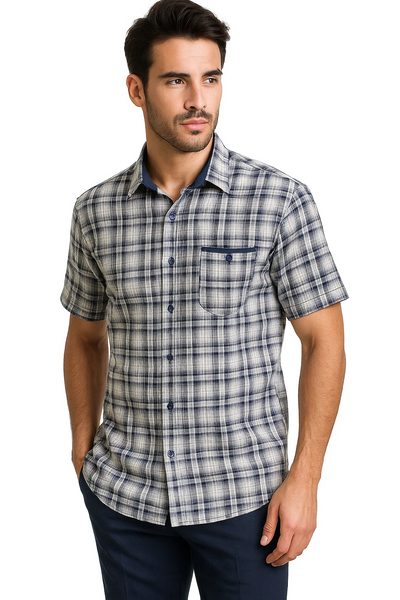 Mens Textured Plaid Walking Suit in navy/white by Dreams by Zacchi – 2 Piece Leisure Outfit with matching shirt and pant --$99