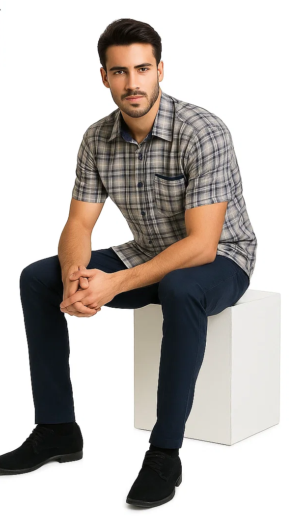 Mens Textured Plaid Walking Suit in navy/white by Dreams by Zacchi – 2 Piece Leisure Outfit with matching shirt and pant --$99