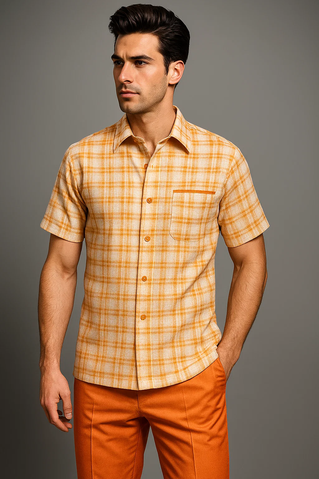 Mens Textured Plaid Walking Suit in orange/cream by Dreams by Zacchi – 2 Piece Leisure Outfit with matching shirt and pant --$99