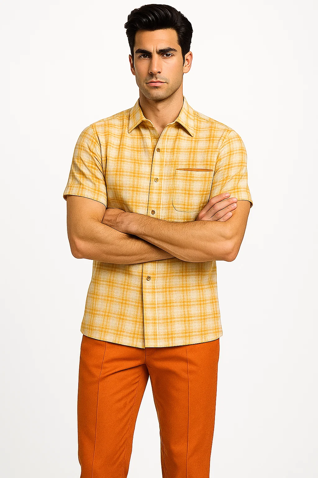 Mens Textured Plaid Walking Suit in orange/cream by Dreams by Zacchi – 2 Piece Leisure Outfit with matching shirt and pant --$99