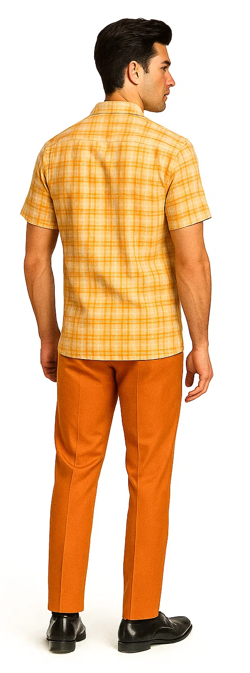 Mens Textured Plaid Walking Suit in orange/cream by Dreams by Zacchi – 2 Piece Leisure Outfit with matching shirt and pant --$99