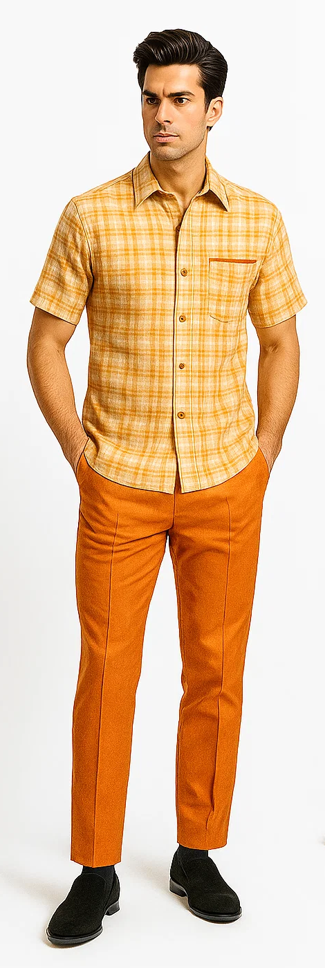 Mens Textured Plaid Walking Suit in orange/cream by Dreams by Zacchi – 2 Piece Leisure Outfit with matching shirt and pant --$99