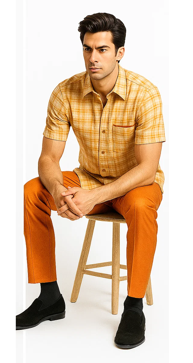 Mens Textured Plaid Walking Suit in orange/cream by Dreams by Zacchi – 2 Piece Leisure Outfit with matching shirt and pant --$99