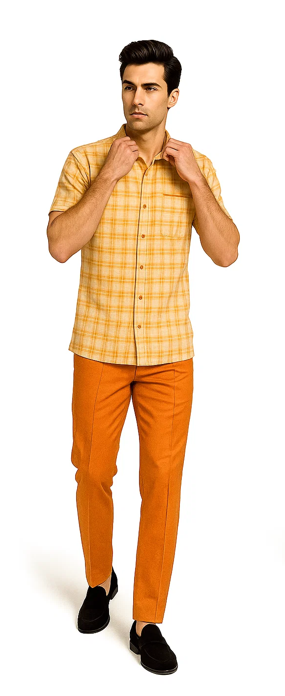 Mens Textured Plaid Walking Suit in orange/cream by Dreams by Zacchi – 2 Piece Leisure Outfit with matching shirt and pant --$99