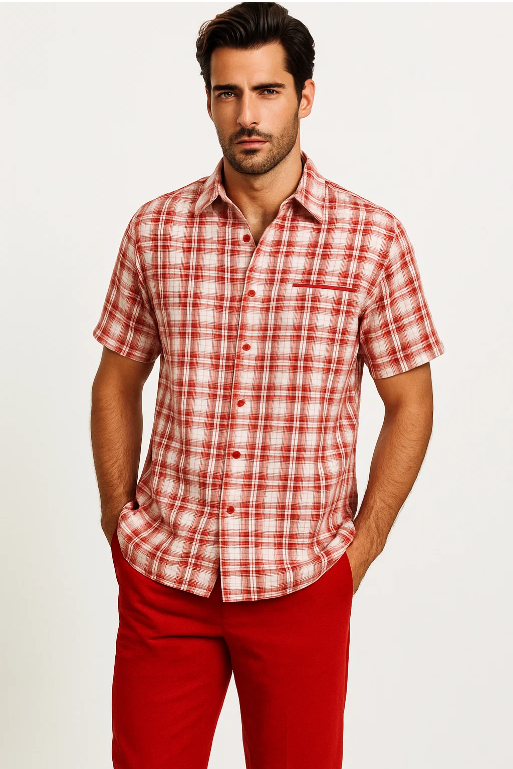Mens Textured Plaid Walking Suit in red/off white by Dreams by Zacchi – 2 Piece Leisure Outfit with matching shirt and pant --$99