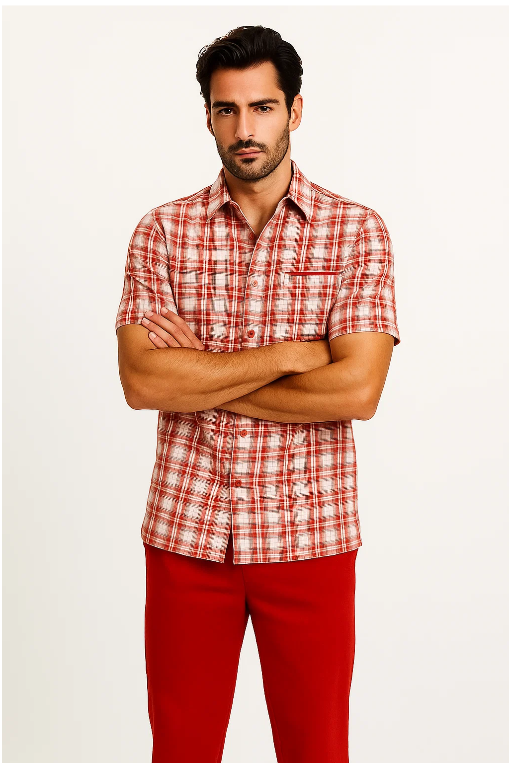 Mens Textured Plaid Walking Suit in red/off white by Dreams by Zacchi – 2 Piece Leisure Outfit with matching shirt and pant --$99