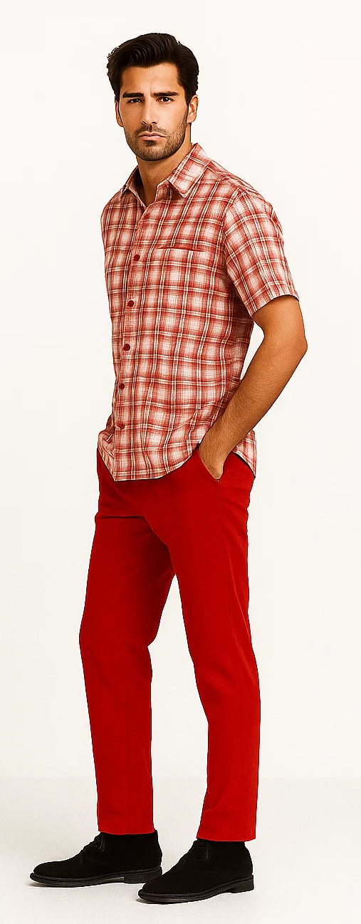 Mens Textured Plaid Walking Suit in red/off white by Dreams by Zacchi – 2 Piece Leisure Outfit with matching shirt and pant --$99