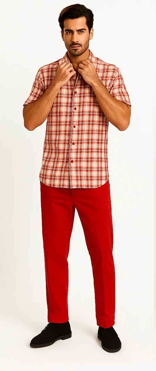 Mens Textured Plaid Walking Suit in red/off white by Dreams by Zacchi – 2 Piece Leisure Outfit with matching shirt and pant --$99