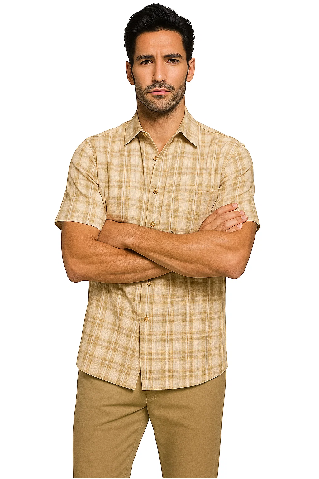 Mens Textured Plaid Walking Suit in tan/cream by Dreams by Zacchi – 2 Piece Leisure Outfit with matching shirt and pant --$99