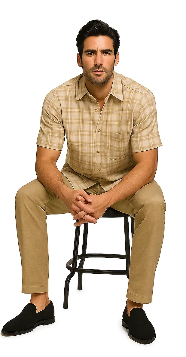 Mens Textured Plaid Walking Suit in tan/cream by Dreams by Zacchi – 2 Piece Leisure Outfit with matching shirt and pant --$99
